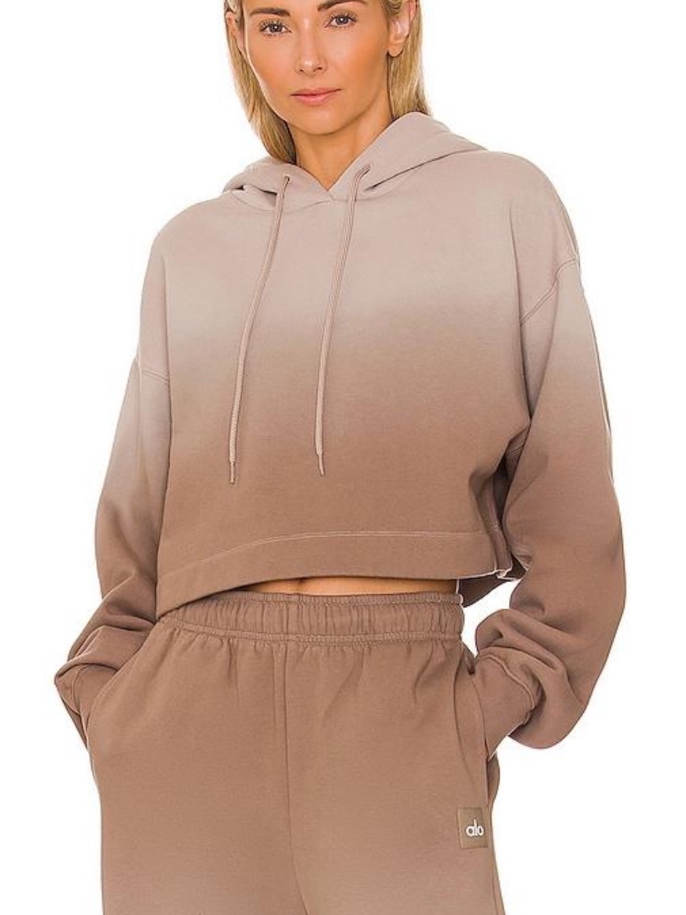 ALO Yoga Ombre Bae Cropped Hoodie Taupe Brown Beige Size Medium Neutral